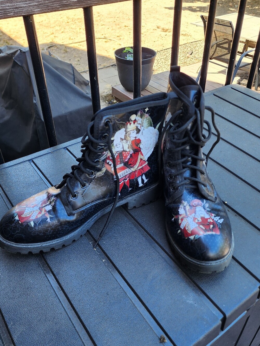 Alice In Wonderland Women’s Black Lace-Up Combat Boots with Storybook Detail